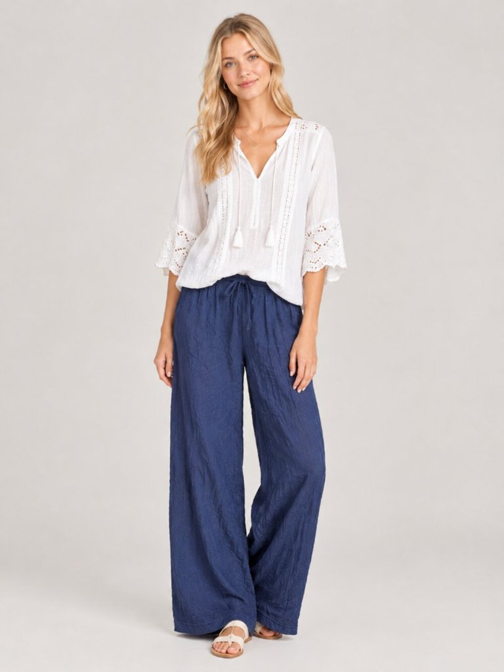 2/$30 TAHARI Drawstring Pullon Palazzo Pant Indigo XL #A4835
